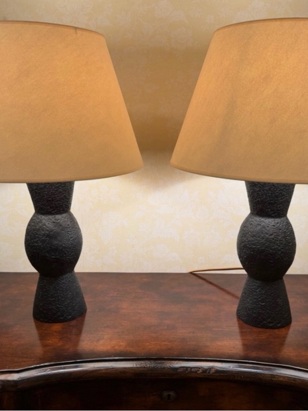 Pair of Authentic Vaughan Designer Textured Black Table Lamps w/ Shades